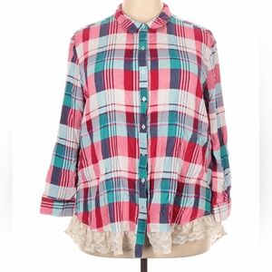 Umgee Plaid Shirt with Lace Hem | Size 2X